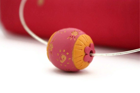 Fuchsia pink paisley necklace orange gold polymer jewelry coupon free shipping