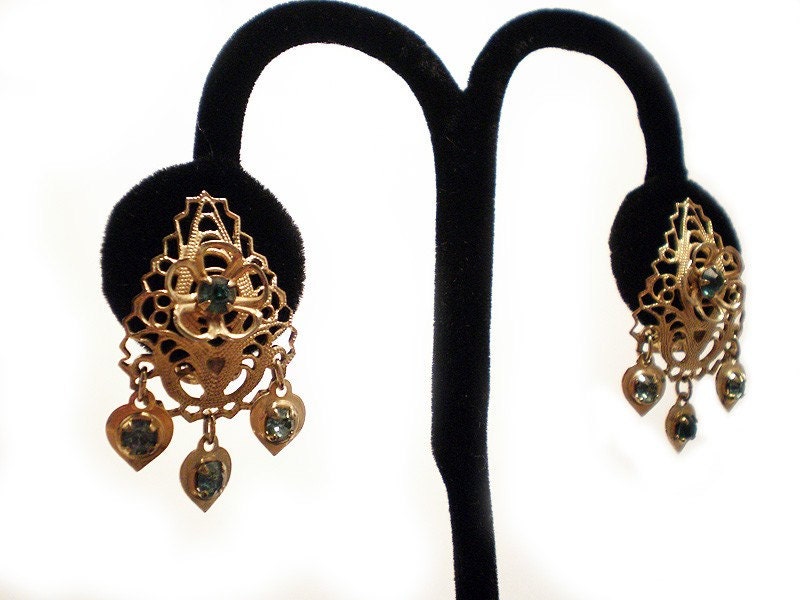 Romantic Vintage Filigree Earrings with Aquamarine Rhinestones