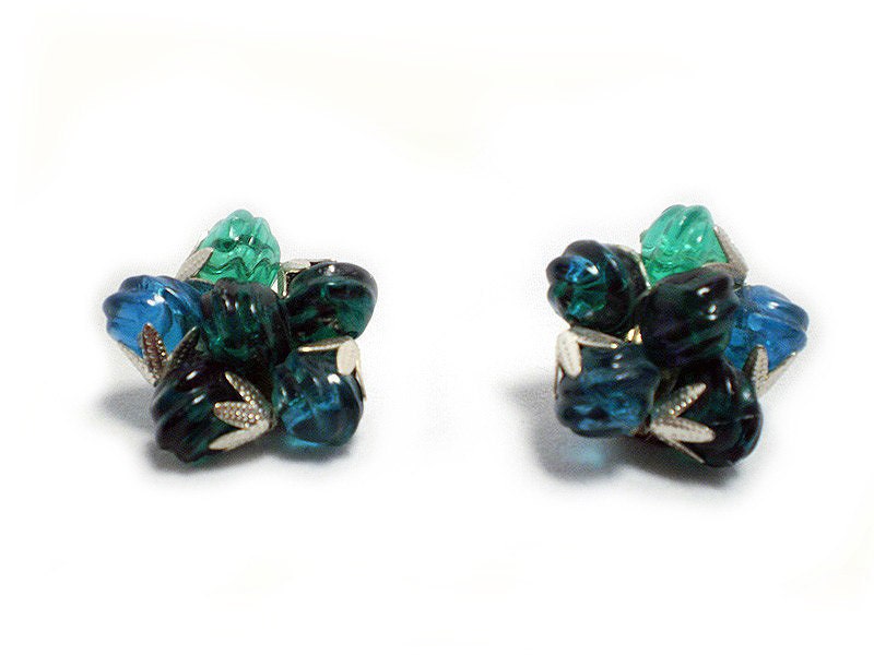 Icy Blue and Green Vintage Cluster Earrings