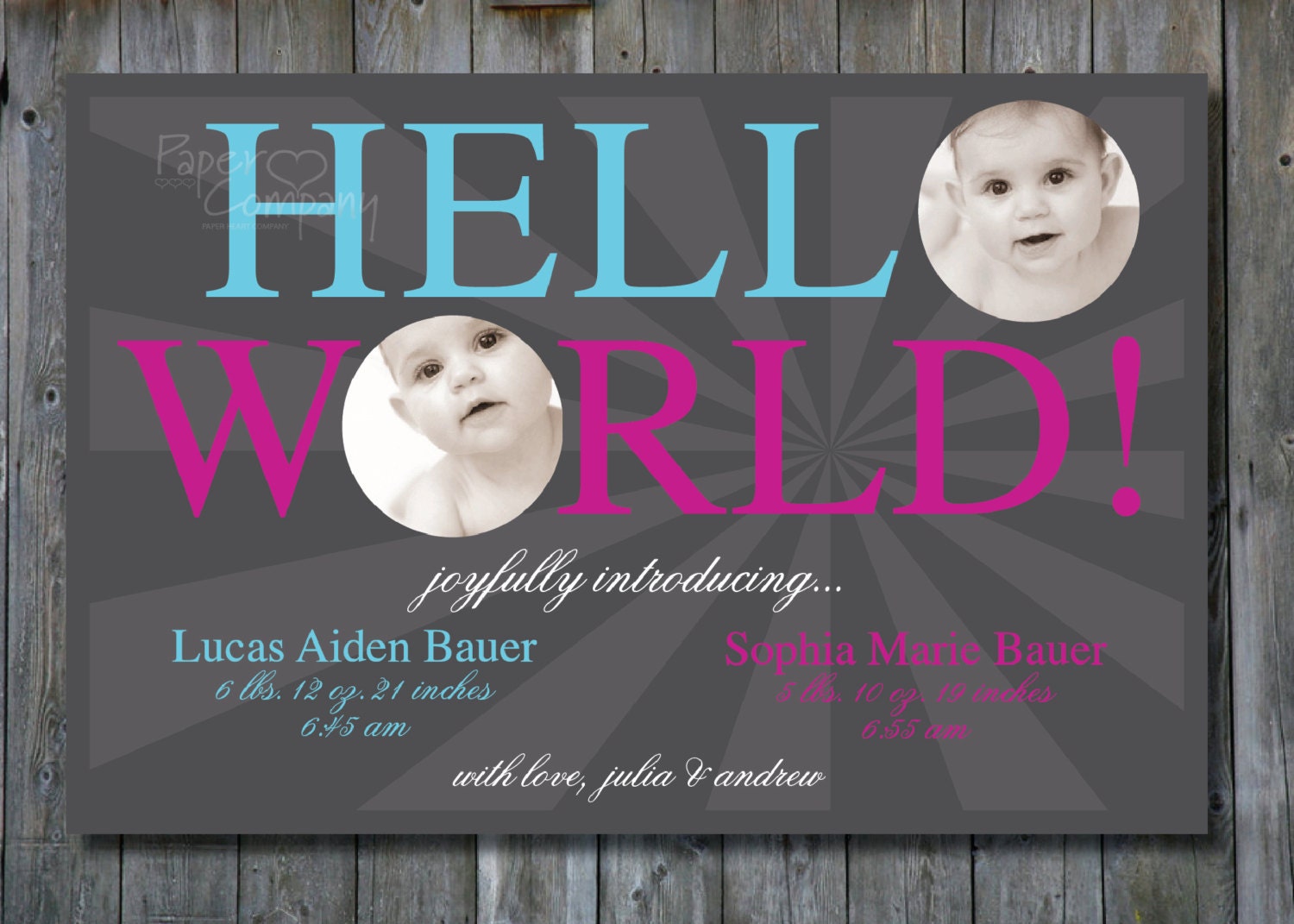 HELLO WORLD TWINS Birth Announcement/Baby Girl/Baby Boy - You Print Il_570xn