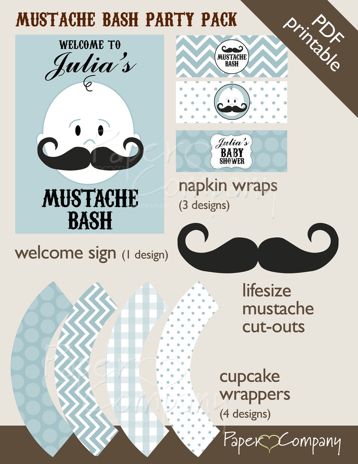 MUSTACHE BASH Boy Baby Shower Party Package Event Printable diy Customizable