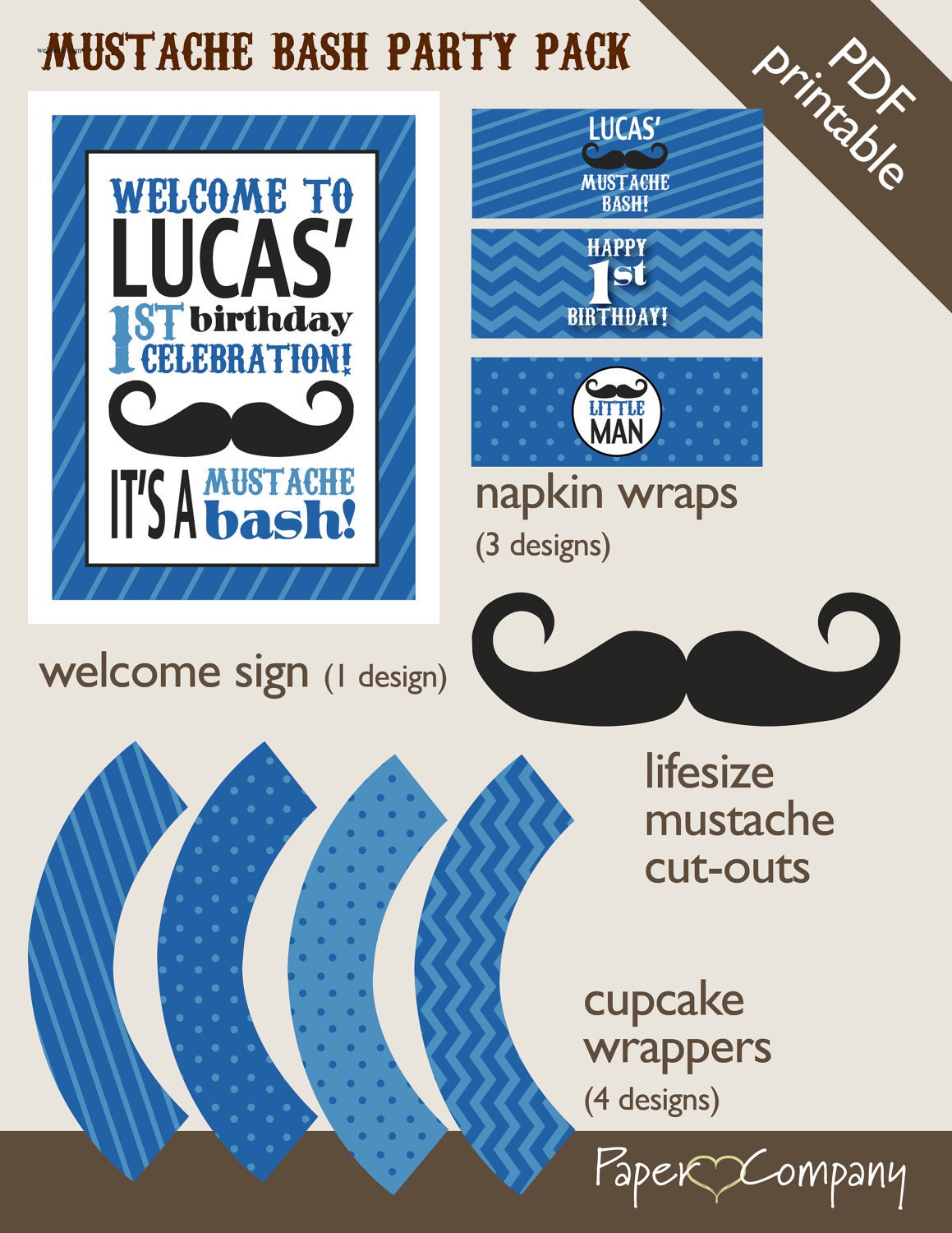 MUSTACHE BASH Little Man 1st Birthday Boy Party Package Event Printable diy Customizable