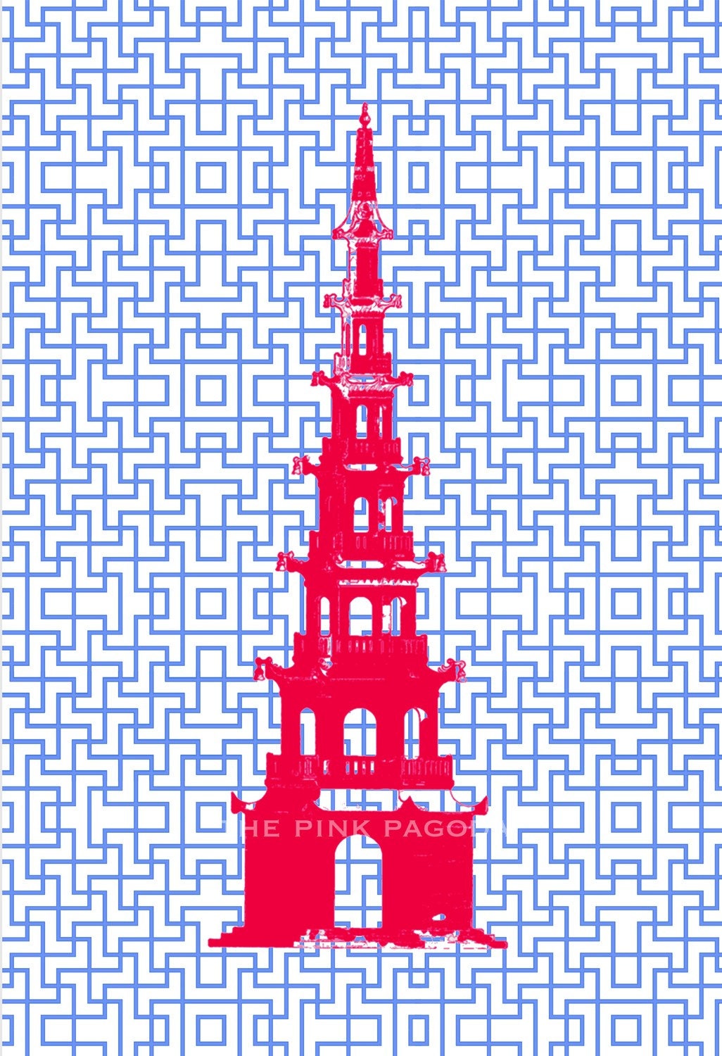Red Pagoda on Blue Chinese Lattice 13x19 Giclee