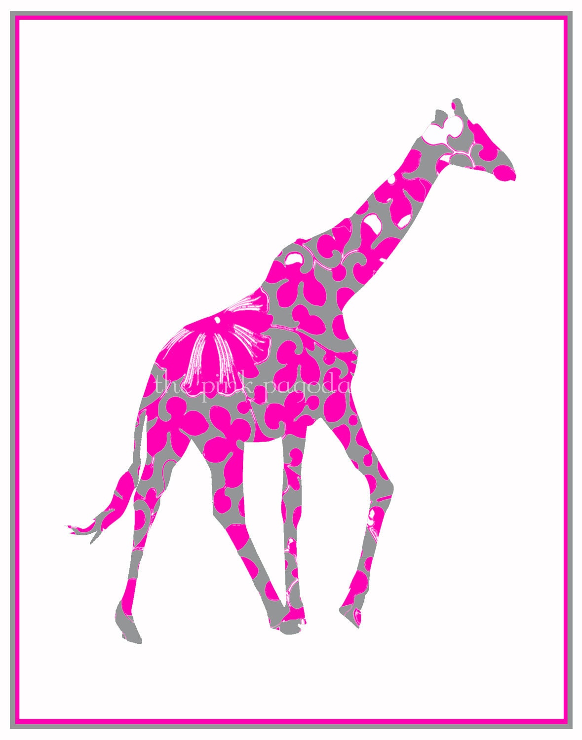 Hot Pink and Gray Giraffe Giclee 11x14 - thepinkpagoda