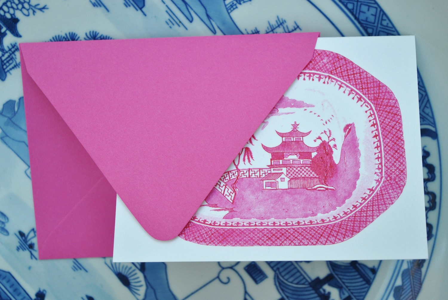 Blue Willow in Pink Set of Eight Foldover Notecards and Envelopes - thepinkpagoda