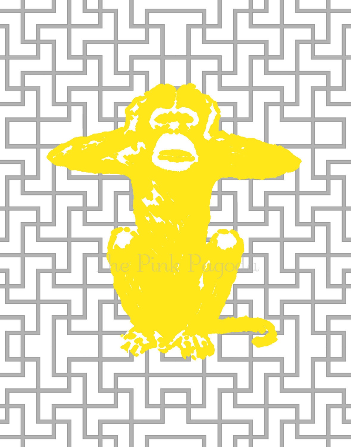 Three Wise Monkeys in Yellow on Gray Lattice Set 11x14 Giclee