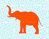 Tangerine Orange Elephant Silhouette on Turquoise Lattice Facing Left Giclee 11x14