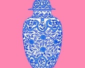 Ming Blue Chinoiserie Ginger Jar on Coral Pink 8x10 Giclee