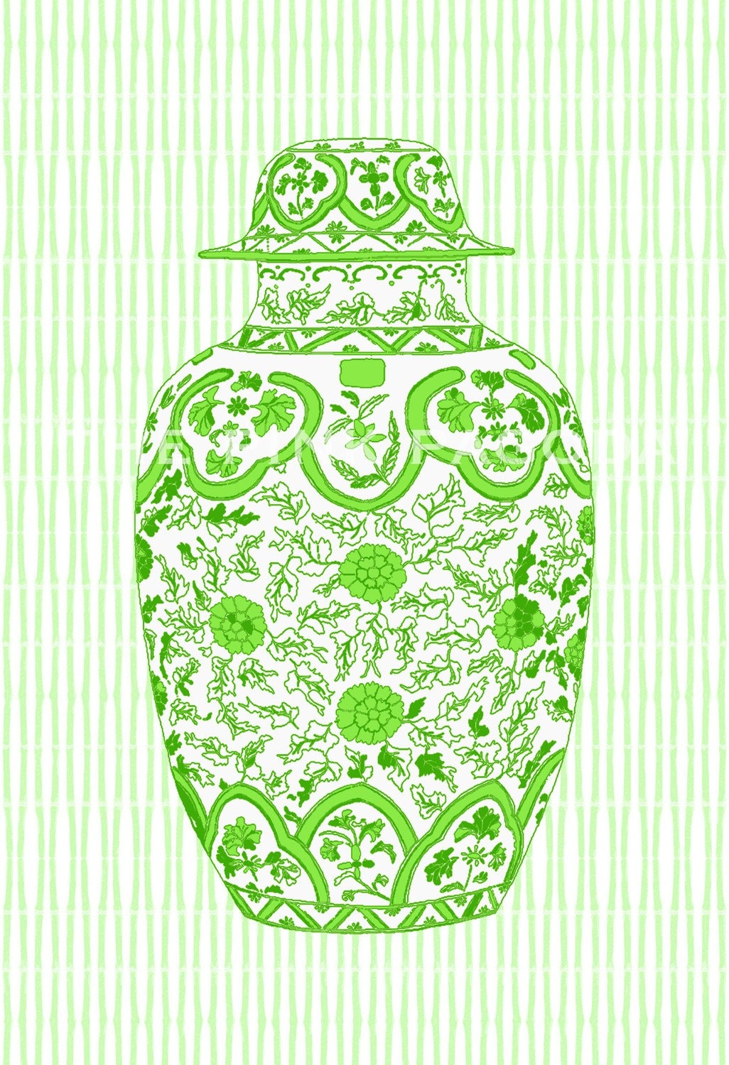 Lime Ming Chinoiserie Ginger Jar on Bamboo Stripe 11x14 Giclee