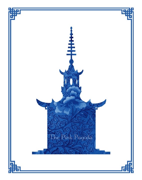 Navy Chinese Floral Pagoda Silhouette Giclee 11x14
