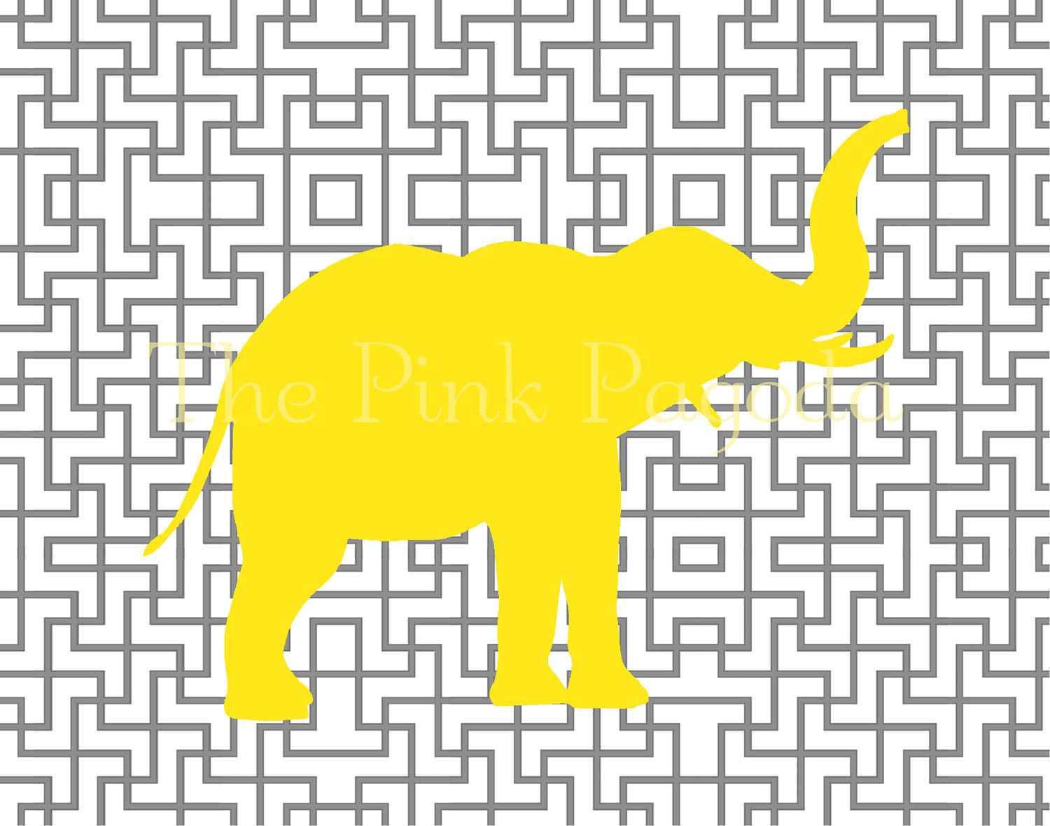 Yellow Elephant Silhouette on Gray Lattice Facing Right Giclee 8x10