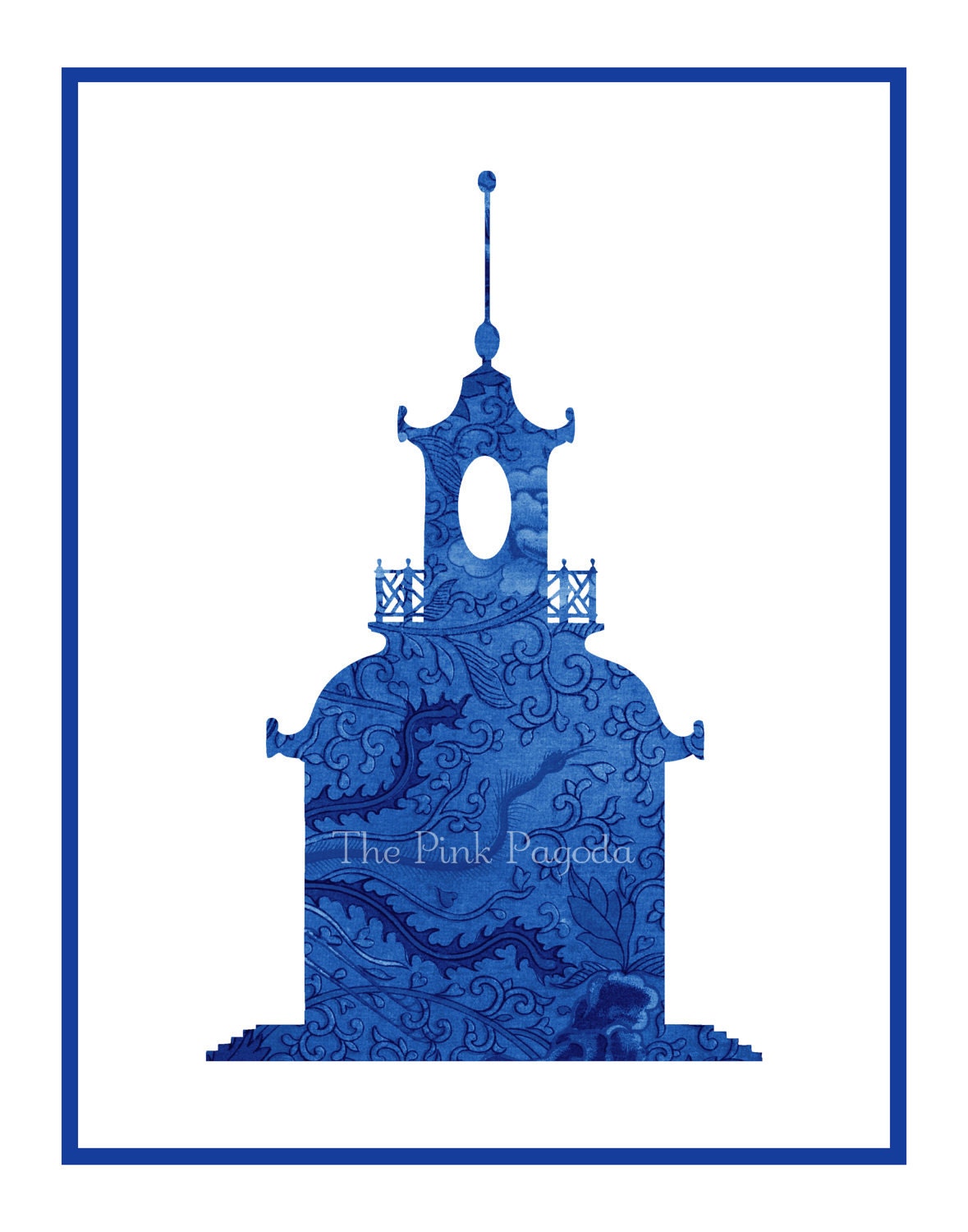 Navy Chinese Floral Pagoda Silhouette Giclee 11x14
