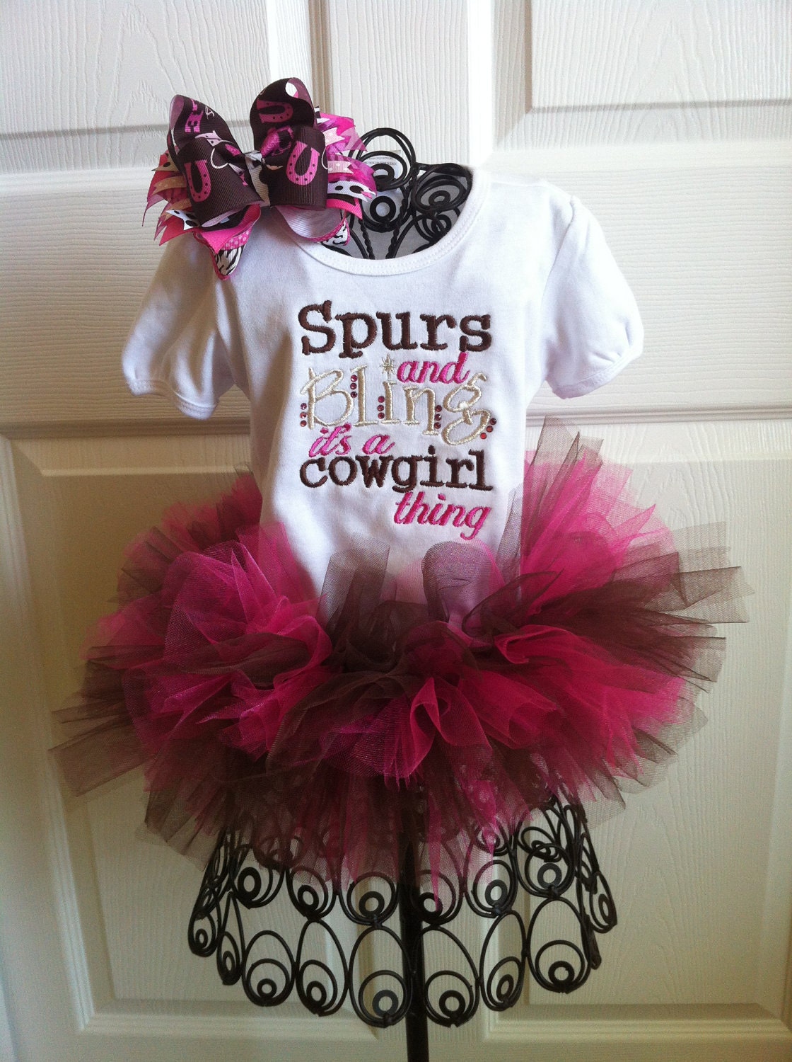 Spurs And Bling Cowgirl Set With Matching Shirt, Tutu, and Hair Bow 3T