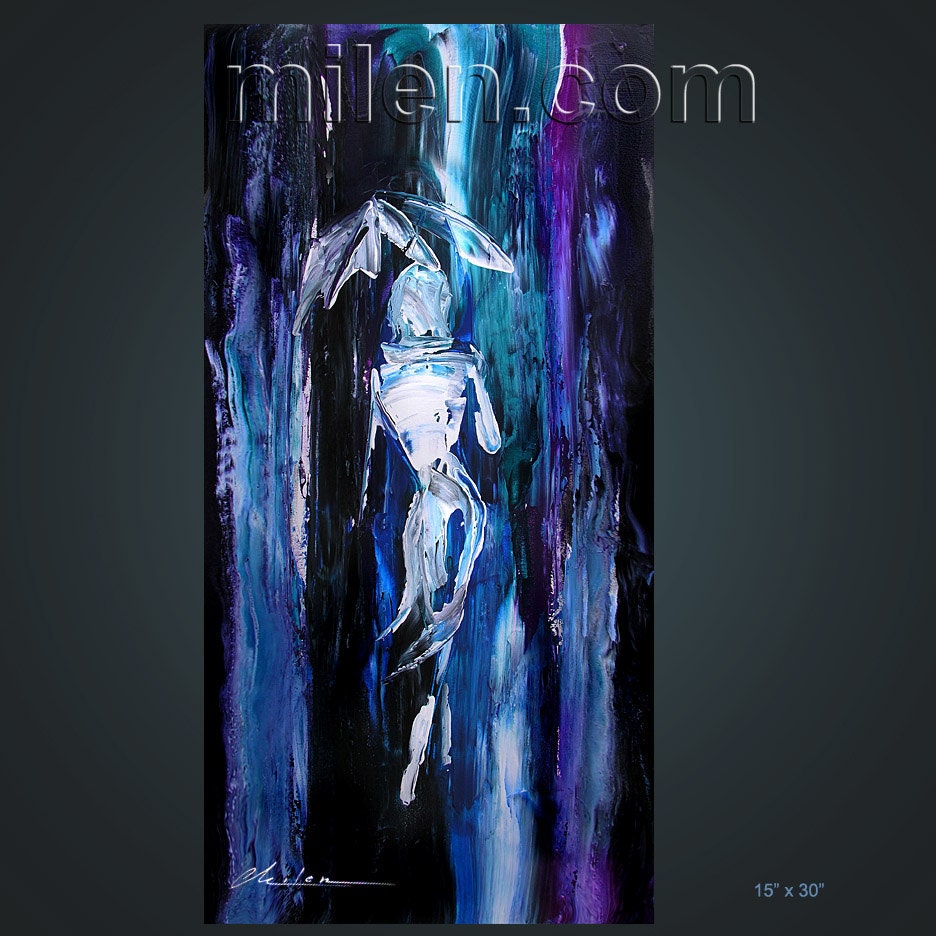 I Like the Way You Move 15 x 30 PRINT Giclee Original Painting Modern Rainy Blue Umbrella Sexy Hot Rain  by MILEN