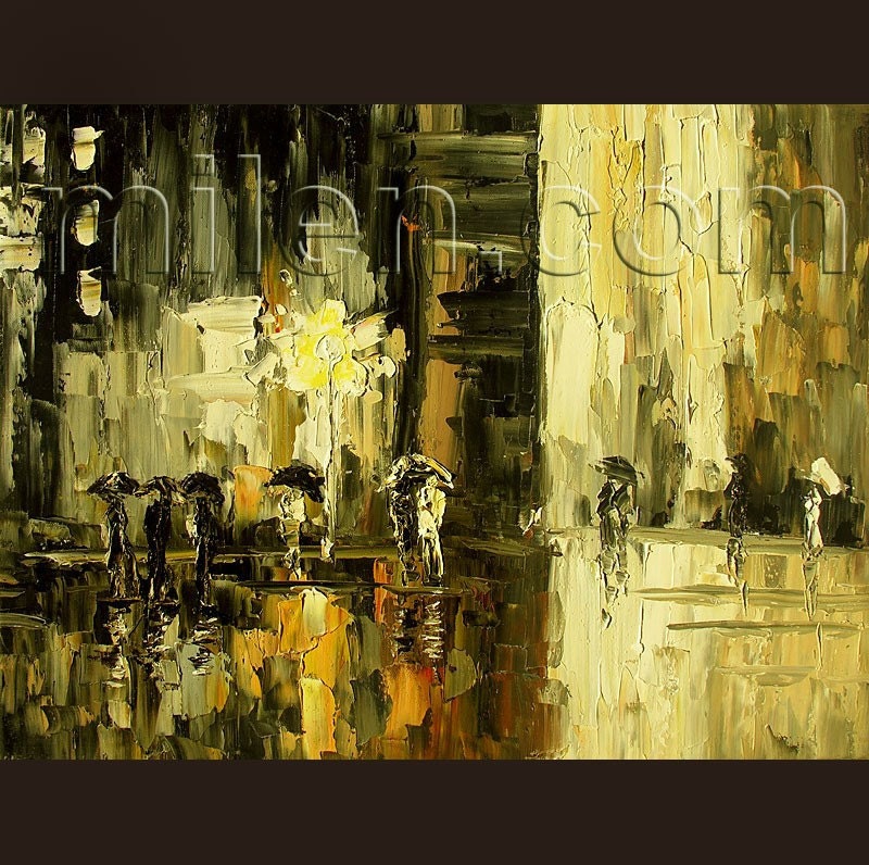 Rain Around the Corner 24 x 18 PRINT Giclee Art Modern Cityscape People Street Buildings Brown Beige Painting by MILEN