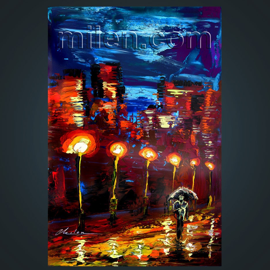 Insomnia 20 x 30 PRINT Giclee Original Painting Modern Rainy Red Night Rain Contemporary Night Cityscape Umbrella by MILEN
