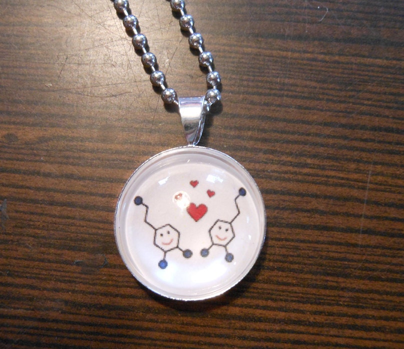 Happy Dopamine Molecules glass domed original art pendant necklace