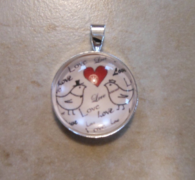 Red Love birds glass domed original art pendant wedding charm