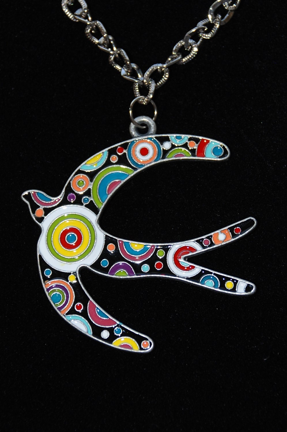 16 inch pewter tone chain with clasp and modern artistic multi color geometric pattern dove charm