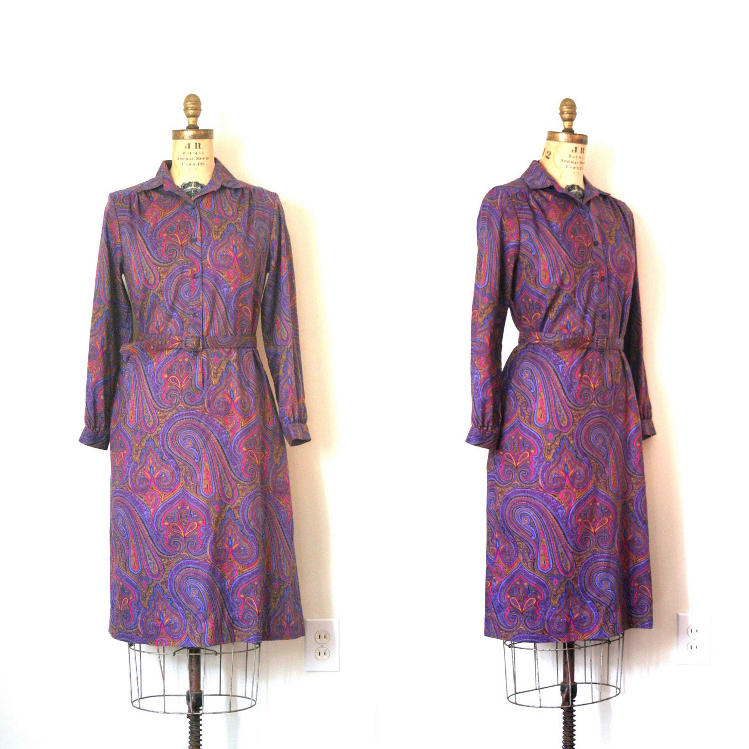 vintage shirt dress PURPLE PAISLEY retro prep 1980's PREPPY Margaret Smith
