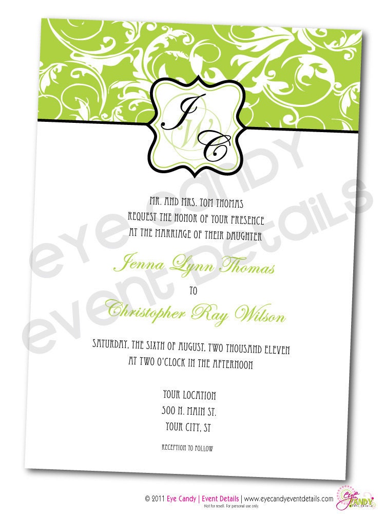 Green Damask Wedding Rehearsal Shower Invitation -  Customized DIY Printable
