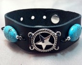 Western Inspired Turquoise and Silver Star Black Leather Cuff