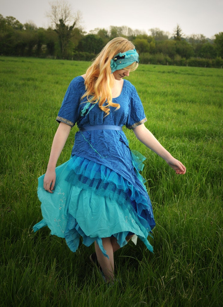 Tattered Fairy costume, silk Mermaid costume, Turquoise Blue paisley  Fairy Ballerina prom dress Size xl extra large UK 18 - 20 US 14 - 16
