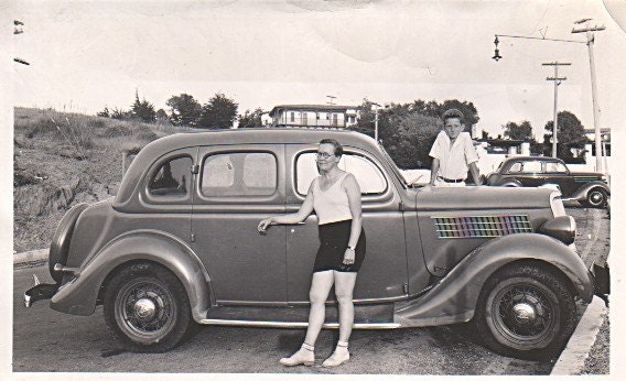 Ford 1936 V8 Four Door Sedan Mother Son Real Photo Snapshot