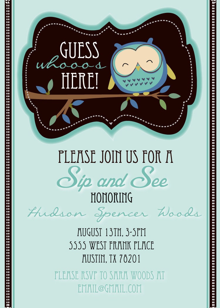 Sip and See Cute Owl Shower Invitation-Digital File Only