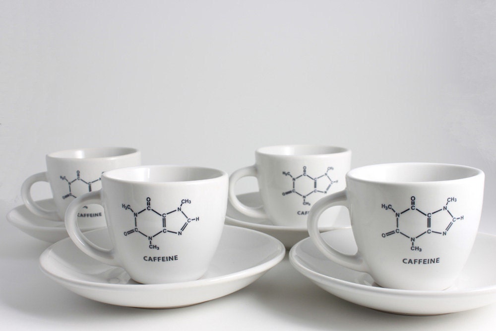 Espresso Cups Set of 4 with Saucers, Black and White Caffeine Molecule
