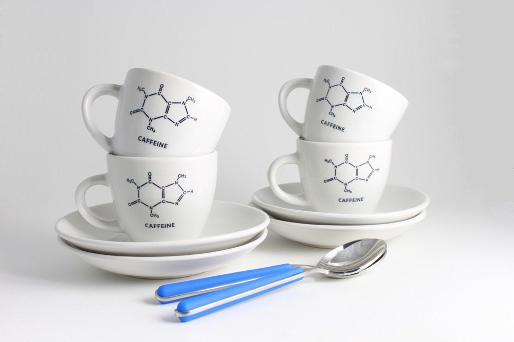 Espresso Cups Set of 4 with Saucers, Black and White Caffeine Molecule