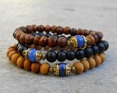 Compassion - genuine Lapis Lazuli guru bead sandalwood, ebony, and wood beaded bracelet set of 3, wrist mala, yoga jewelry, men
