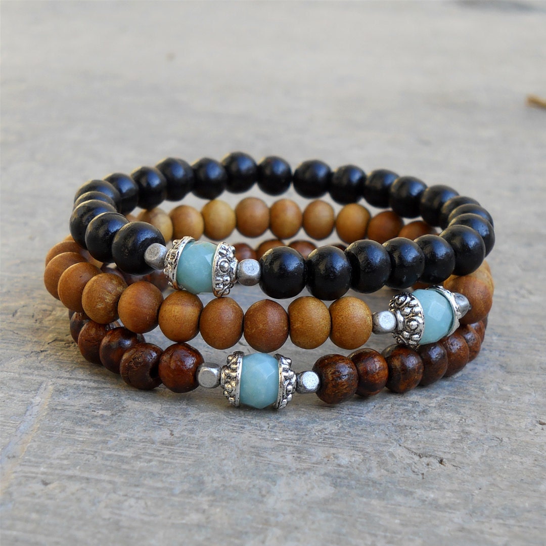 Positivity and confidence - genuine Amazonite guru bead sandalwood, ebony, and wood beaded bracelet set of 3, wrist mala, yoga jewelry, men