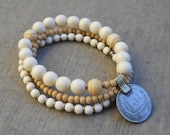 Yoga mala, boho chic bracelet set, white wood, African trade beads, vintage coin