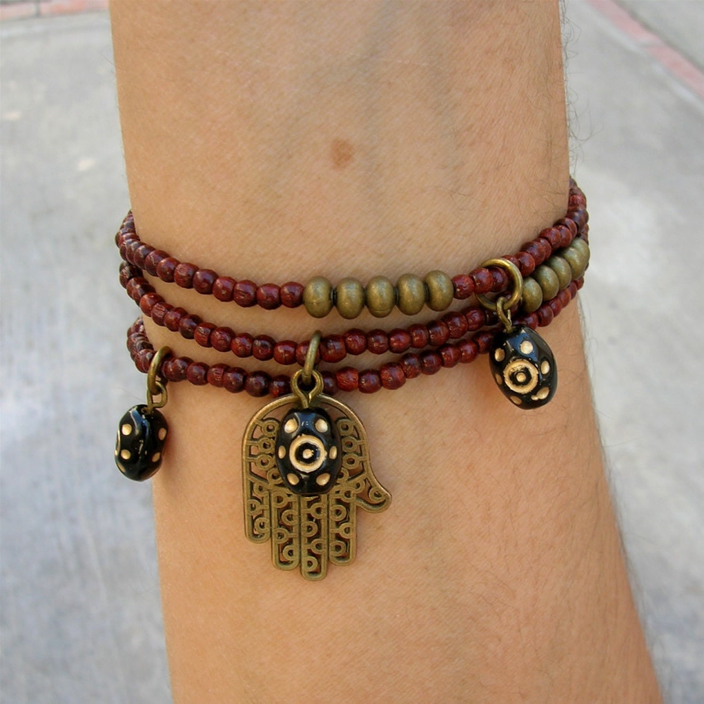 Rosewood mala bracelets with Hamsa hand and hand painted evil eye charms