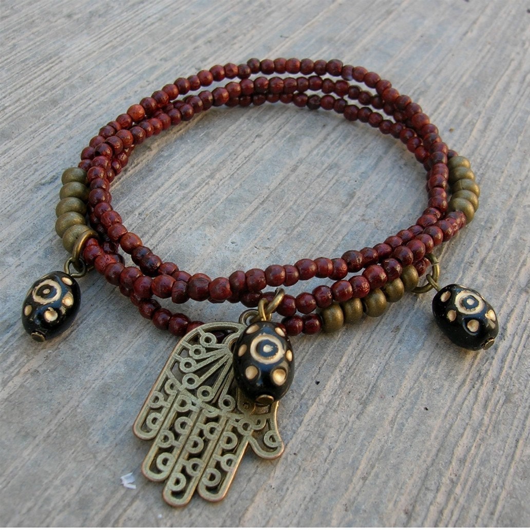 Rosewood mala bracelets with Hamsa hand and hand painted evil eye charms
