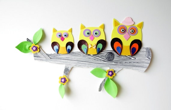 Owls tree party - Original wall decor for kids room and nursery - one of a kind