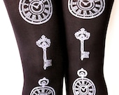 Pocket Watch Keys Printed Tights Medium Tall White on Black Womens Alice in Wonderland Tights