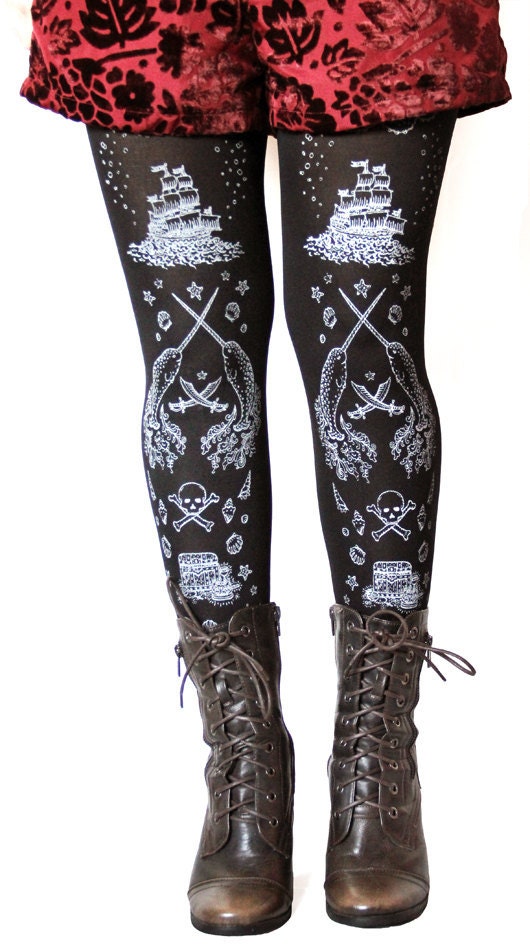 Pirate Printed Narwhal Tights Purple Small Medium Silver on Aubergine Womens Nautical Tattoos Octopus Squid Sailor