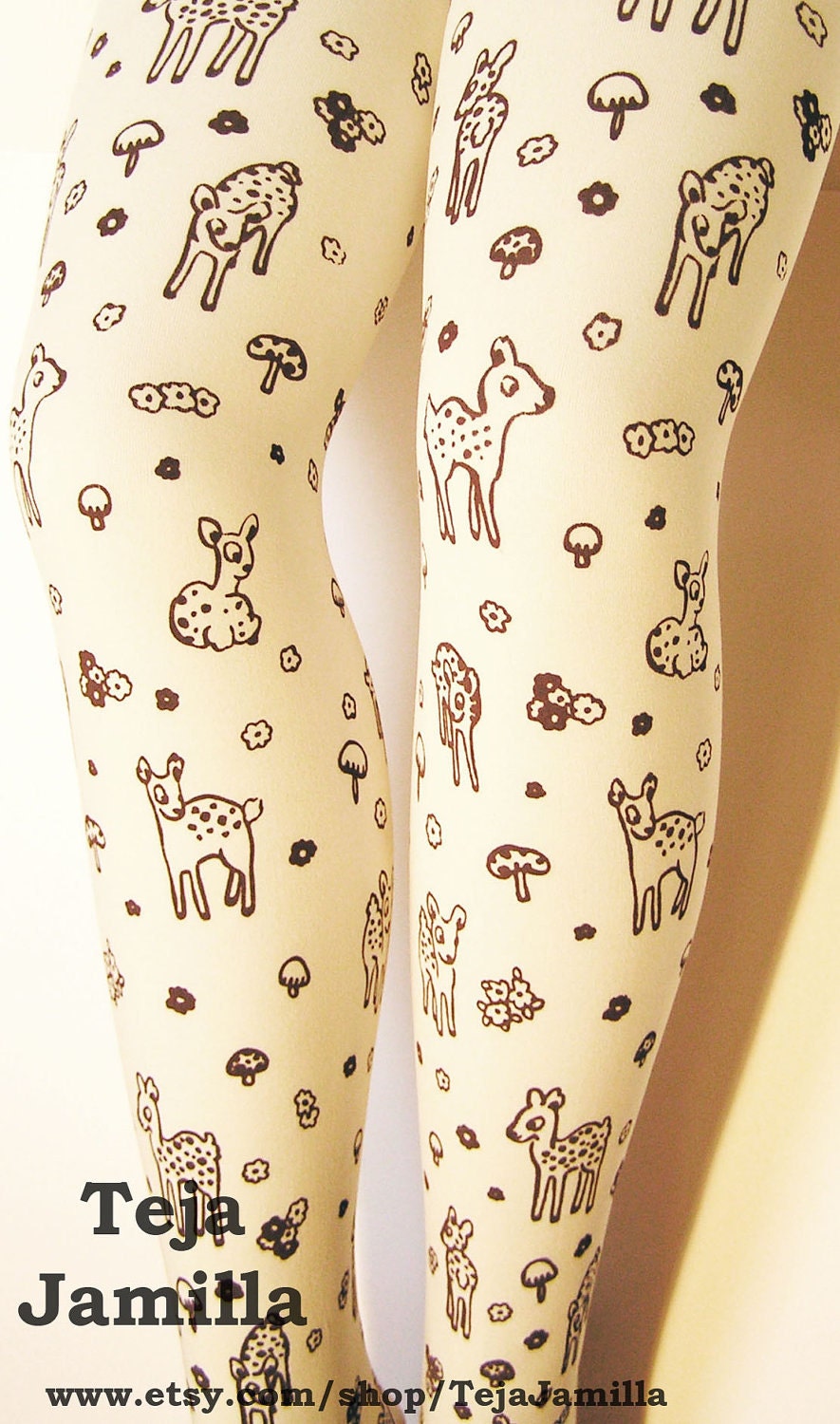 Deer Tights Fawn & Mushroom Print Small Medium Brown on Cream Women Mori Girl Forest Toadstool Woodland Floral Flowers