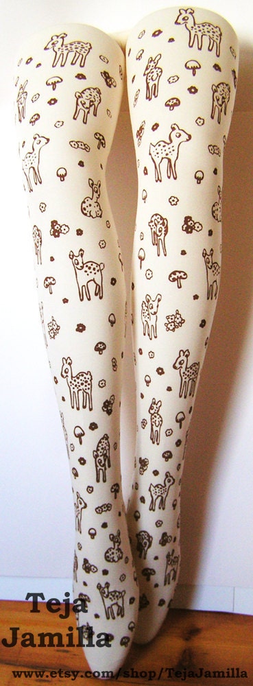 Deer Tights Fawn & Mushroom Print Small Medium Brown on Cream Women Mori Girl Forest Toadstool Woodland Floral Flowers