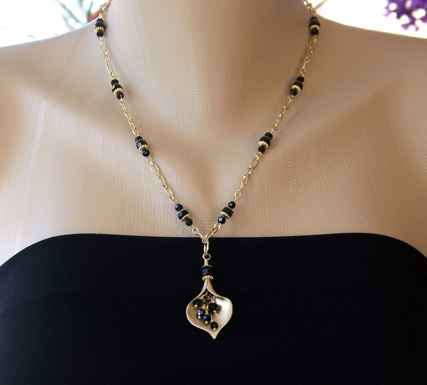 Gold Calla Lily Necklace, Pendant Necklace, Statement Necklace, Beadwork Necklace, Strand Necklace, Bridal Jewelry, Birthday, Summer Trends