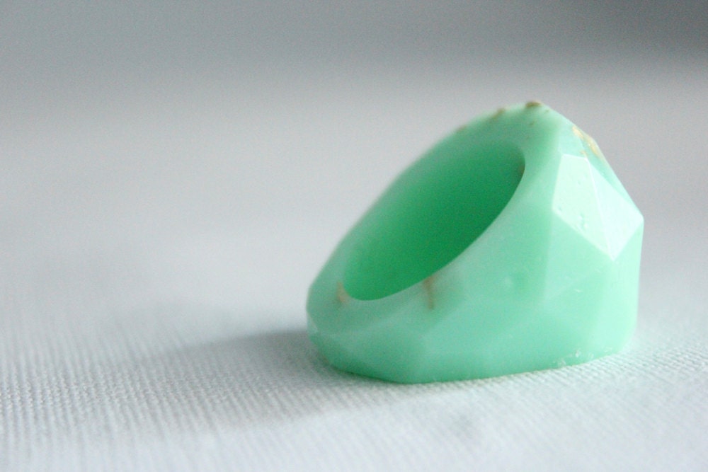 mint gold multifaceted eco resin ring with suspended gold leaf