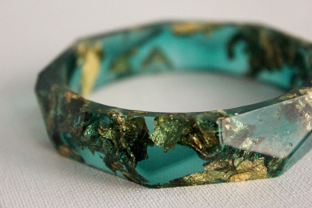Emerald green with gold flakes eco resin faceted bracelet bangle