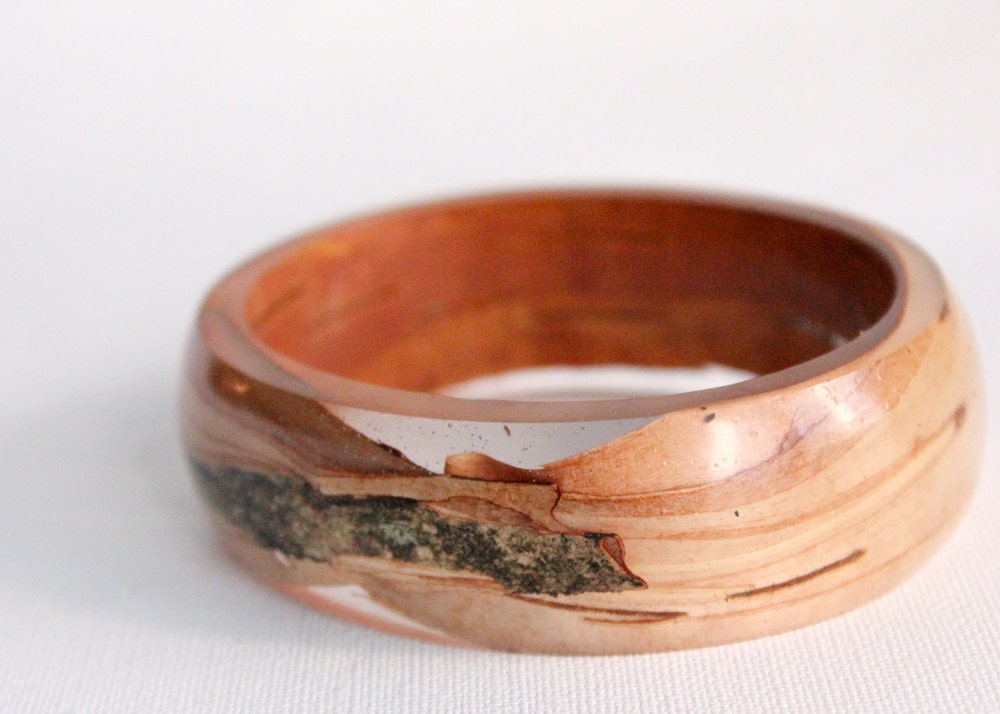 oval birch bark transparent eco resin bangle bracelet