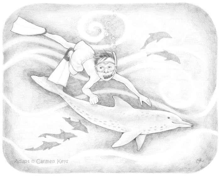 Adapt - Original Whimsical Boy and Dolphin Drawing