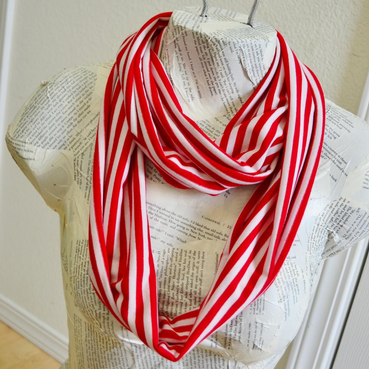 Red and White Stripe Infinity Scarf from Jersey Knit