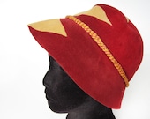 Vintage cloche hat, John Frederics, Marshall Field French Room, velour felt, rust and tan geometric zigzags, flapper, Mr. John, art deco
