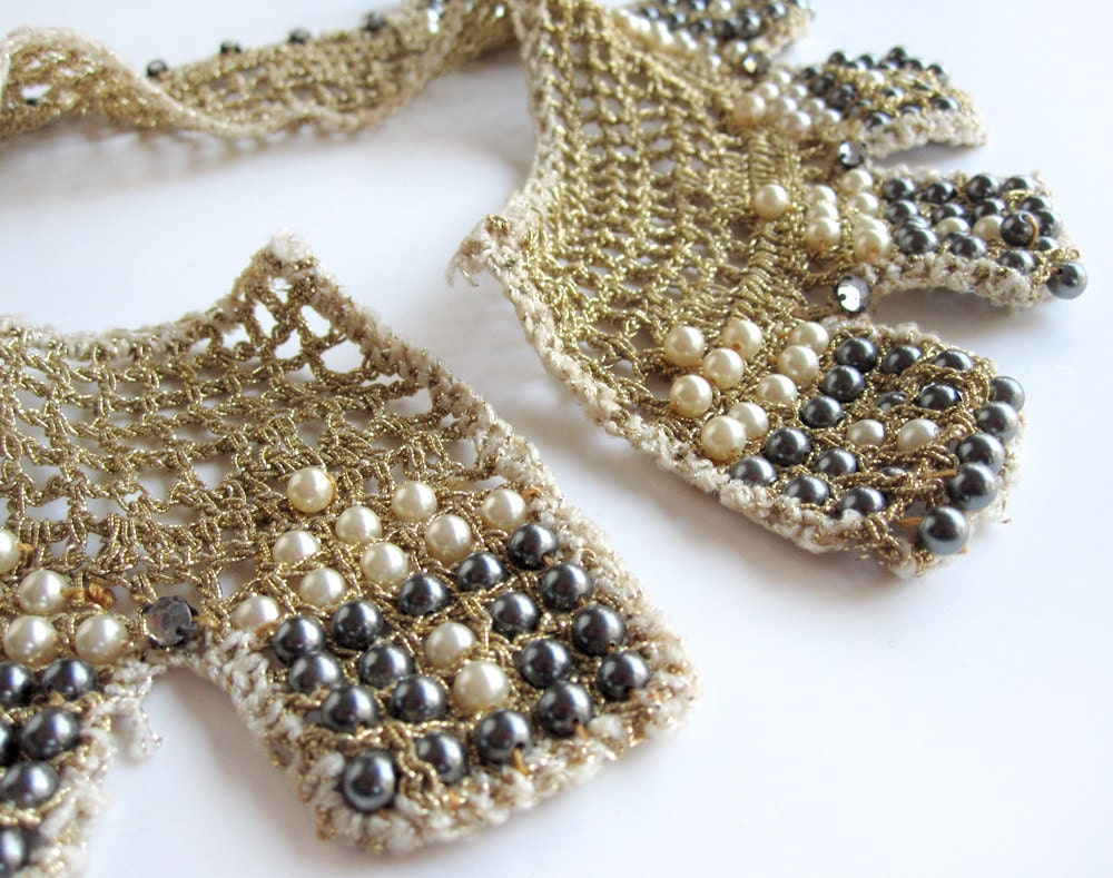 Vintage beaded collar, 1950s sweater or necklace collar with gold crochet, champagne and steel-gray pearls, rhinestones