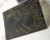 CARD BLOCK PRINT Hand Stitched Blank "Alien Monster Boy Says Mele Kalikimaka"